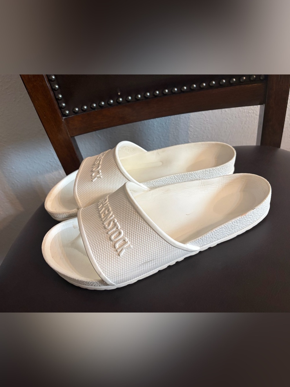 Birkenstock White Embossed Logo Slide Sandals